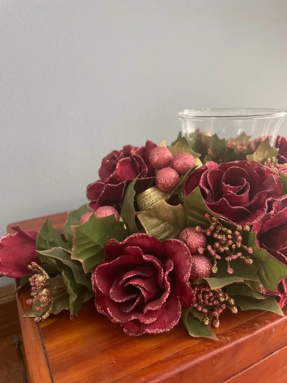 Centerpiece Candle Holder Ring Floral Roses Cranberries Holly Glitter Christmas
